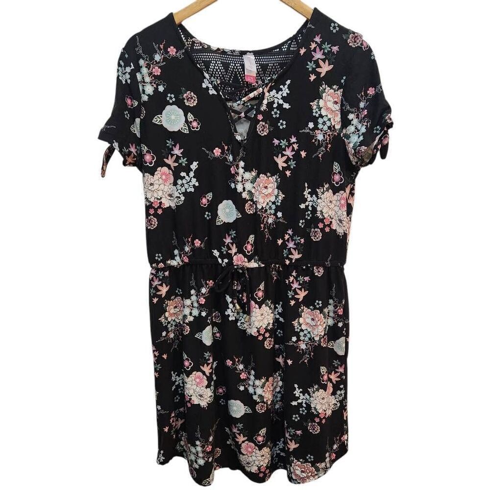 No Boundaries NB cage dress black drawstring waist,‎ black floral lace XL 15-17